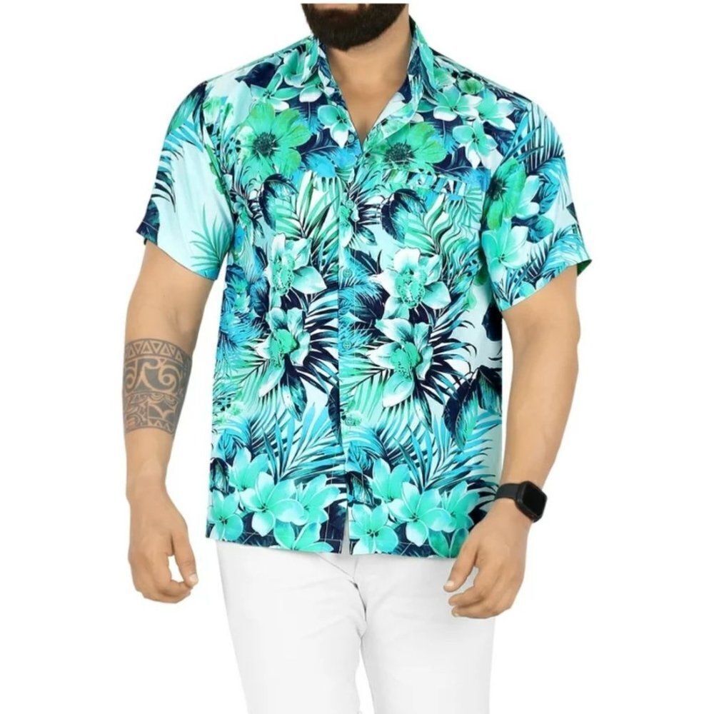 Cubavera Men Blue Tropical Summer Short Sleeve Shirt Size L